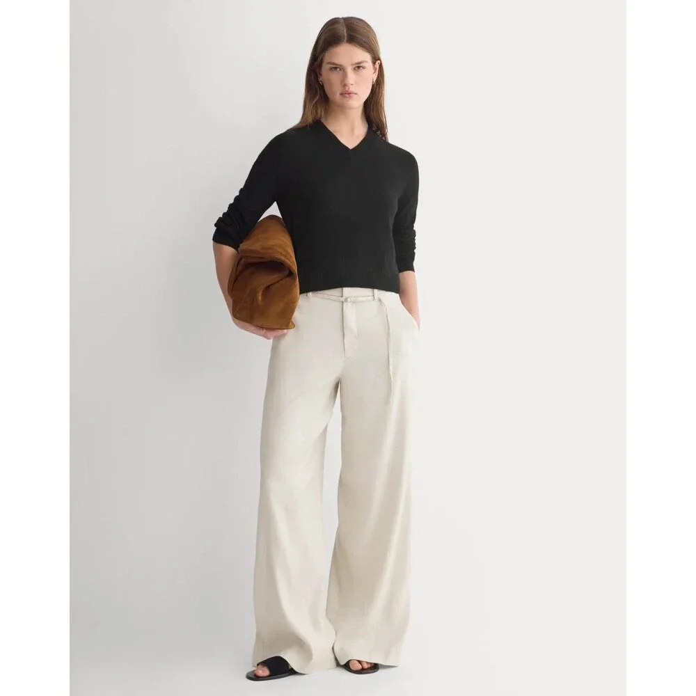 EVERLANE Wide-Leg Belted Pant Stretch Linen Birch 4 LONG Heavyweight NEW CHIC